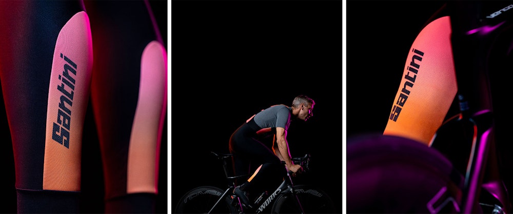 Close-up views of Santini command bib-tights with branding, and a cyclist modeling them in the center.