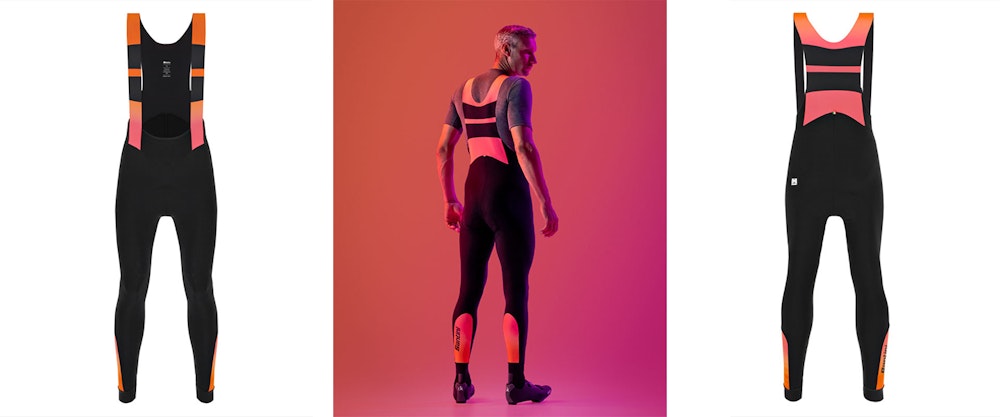 Santini command bib-tights, front and back views, with a cyclist modeling them in the center.