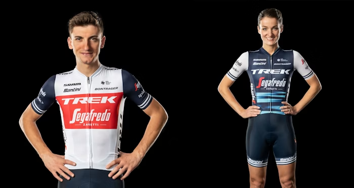 Trek-Segafredo Cyclists in 2019 Team Jerseys Posing on Black Background